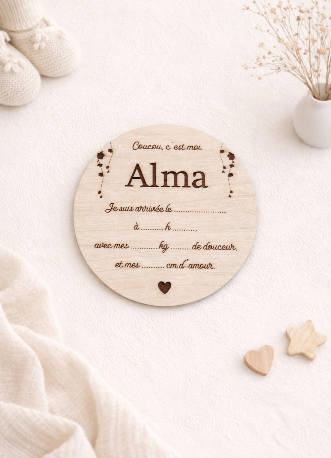 Carte de naissance en bois - Fleuries