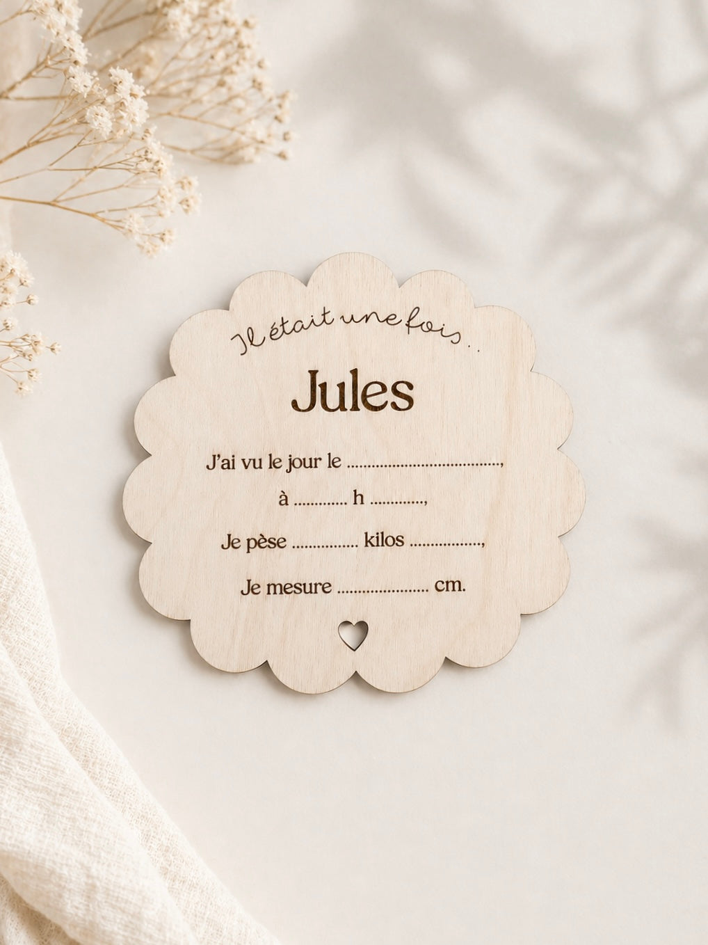 Carte de naissance en bois - Fleurie