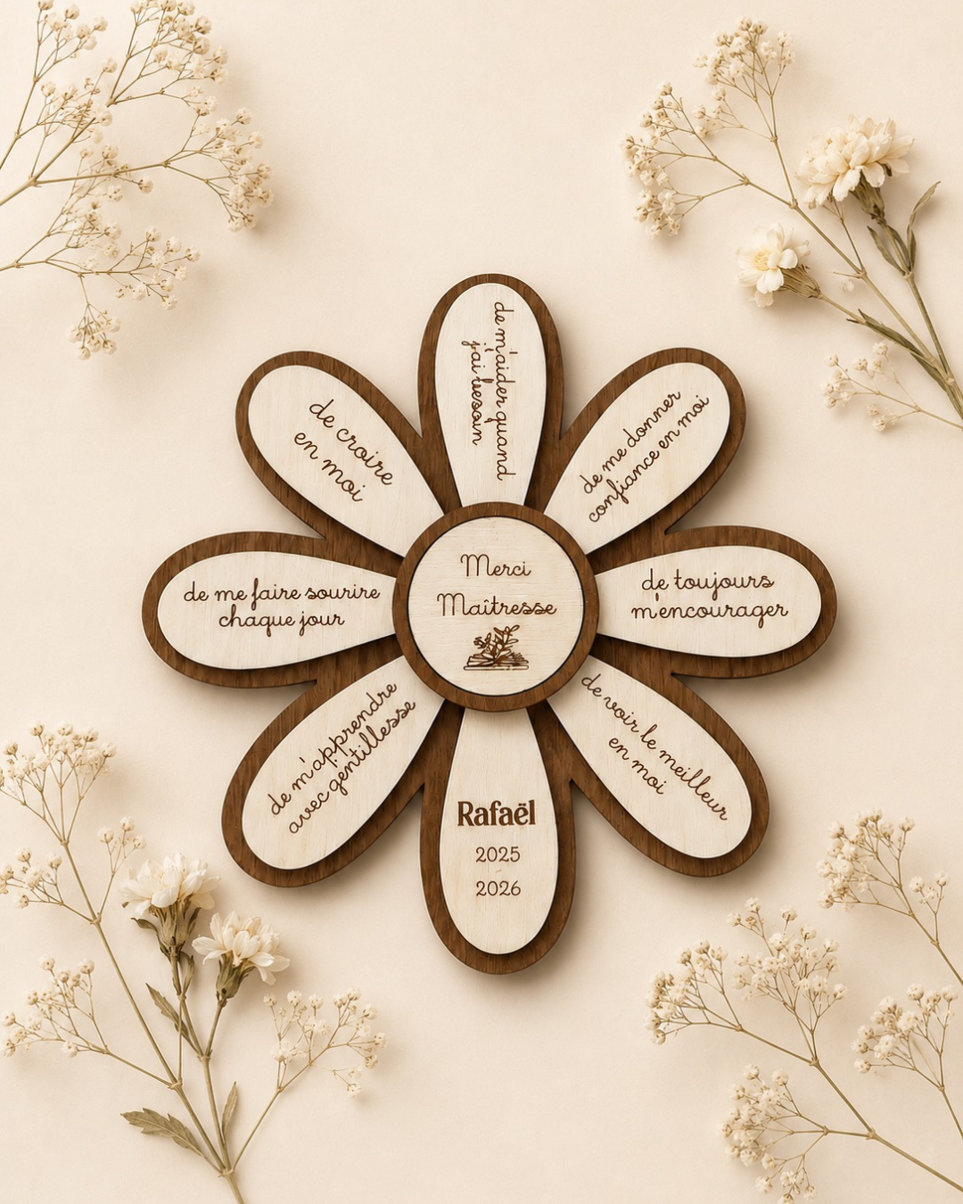 Fleurs en bois - Fin d'année scolaire - Maîtresse, Nounou, Atsem..